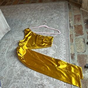 Blue Blush gold shiny cropped top, ties at the bottom around body, large